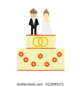 Wedding cake with decoration and bride and groom figurines isolated on a white background. Wedding pie. Vector illustration