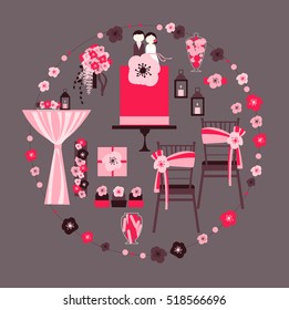 Wedding cake, decoration for chairs and table,  bridal bouquet.