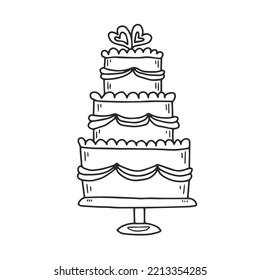 Wedding cake doodle cartoon vector. Cute hand drawn wedding symbol, icon, element, decorated with ribbons and hearts. Sketch pastry product.  Dessert vector illustration