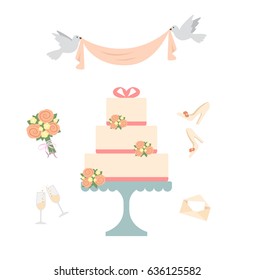 Wedding cake and doves isolated on white background