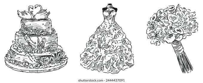 Tarta de Boda, vestido, ramo, novia, ceremonia, boceto, símbolos, matrimonio, novia, contorno, garabato, Vector, ilustración dibujada a mano aislado en blanco