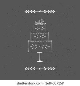 Wedding cake elegant vector card. Sweet dessert for celebrations beautiful outline illustration