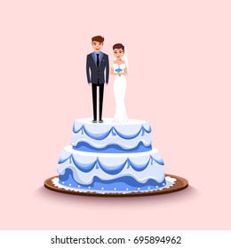 Wedding cake with figures of the bride and groom on a tray. Vector illustration