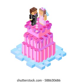 Wedding cake with figures in minecraft style. Vector, isometric illustration for postcards and  your design. For party, wedding