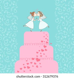 Wedding cake with figurines of the bride and groom. Hand drawn vector illustration.