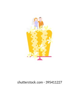 Wedding cake flat icon. Cartoon wedding cake with bride and groom figures. Bakery vector illustration. 