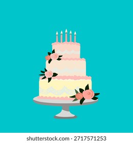 Hochzeitstorte im flachen Pastellstil für die Hochzeitsfeier. Perfekt für Einladungen, Grußkarten, Hochzeitsmarken und romantische Dekorationsdesigns.