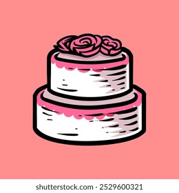 wedding cake with flower decoration line art style sketch classic vintage design illustration