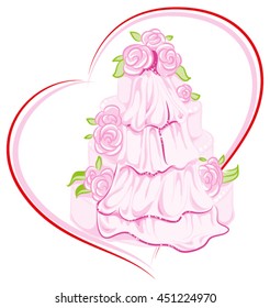 Wedding cake with flowers and veil. Vector illustration