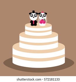 Wedding cake with funny pandas. Wedding cake with bride and groom figurine. Vector illustration. 