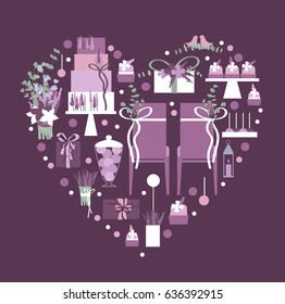 Wedding cake, gifts and flowers in frame with heart. Vector illustration.