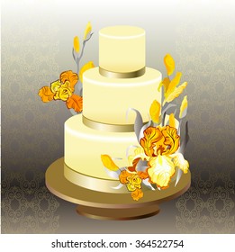 Wedding cake with gold, orange, yellow iris flowers. Beautiful wedding dessert. Wedding yellow iris bouquet hand drawn vector illustration. Golden silver damask background. Wedding vector illustration
