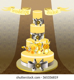 Wedding cake with gold, orange, yellow iris flowers. Beautiful wedding dessert. Wedding yellow iris bouquet hand drawn vector illustration. Golden silver damask background. Wedding vector illustration