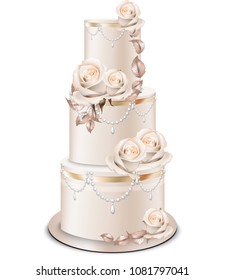 Wedding cake golden decorations and rose flowers Vector. Delicious dessert with fruits sweet designs