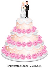 Wedding cake with the groom and bride on top and cream roses