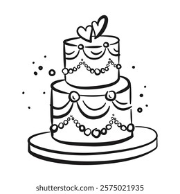 Wedding Cake. Hand drawn Coquette Vintage cake with hearts. Cute Vector illustration in Doodle style for Valentines day, Holiday invitations, Greeting cards