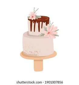 Wedding cake. Hand drawn feative cakes in pastel colors with cream and chocolate decorated with flowers, contemporary birthday delicious confectionery collection, modern vector isolated illustration