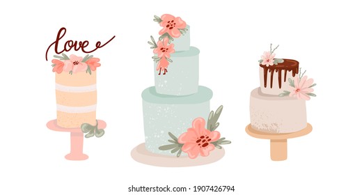Wedding cake. Hand drawn feative cakes in pastel colors with cream and chocolate decorated with flowers, contemporary birthday delicious confectionery collection, modern vector isolated set