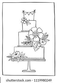 Wedding cake hand drawn vector illustration. Linear black and white cake with floral decoration and bunting banner on a stand. 