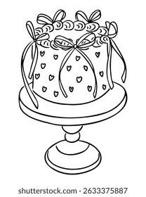 Wedding cake with heart decorations and bows on a stand hand drawn in outline style. Symbolizes celebration, love and festive ceremony concept.