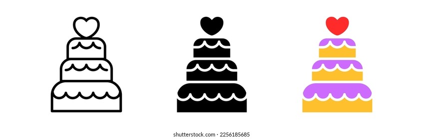 The wedding cake with a heart set icon. Dessert, sweet, tasty, marriage, party. Relationship concept. Vector icon in line, black and colorful style on white background