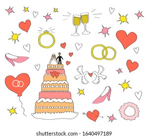 Wedding cake and heart shaped balloons on a white background. Collection. Vector illustration.