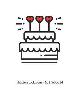 Wedding cake with heart topper line icon. Wedding sign and symbol. Pie dessert. Happy birthday. Vector illustration. Congratulation.