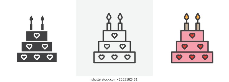 Wedding cake icon collection in black and colored style.