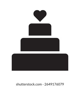 Wedding cake icon with a heart on top representing a marriage celebration a party dessert and a sweet food for a reception ceremony vector solid glyph icon