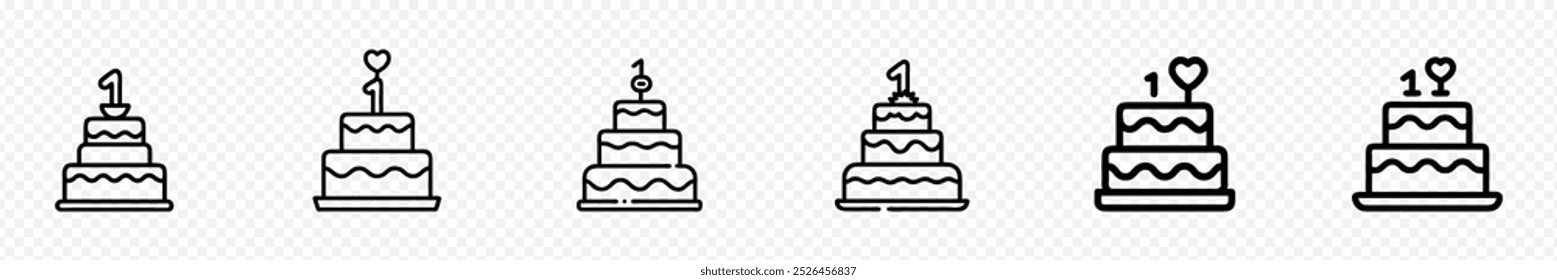 wedding cake icon. Stacked wedding cake dessert with heart topper, one year celebration, Wedding cake line icon. 