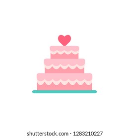Wedding cake icon. Stacked Engagement cake dessert with heart. Flat style pictogram isolated on white. Love symbol, logo sign. Valentine s Day vector illustration.