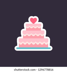 Wedding cake icon. Stacked Engagement cake dessert with heart sticker. Flat style pictogram isolated on background. Love symbol, logo sign. Valentine s Day vector illustration.