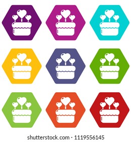 Wedding cake icons 9 set coloful isolated on white for web