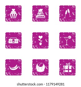 Wedding cake icons set. Grunge set of 9 wedding cake vector icons for web isolated on white background