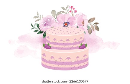 wedding cake illustration with flowers logo, watercolor wedding cake vector, wedding cakes watercolor, watercolor wedding cake floral illustration vector