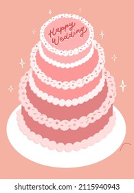 Wedding Cake Illustration. Korean Butter cream cake for special cake. Pink salmon cakes. Pastel themed sweet