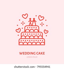 Wedding cake illustration. Sweets flat line icon, candy shop logo.
