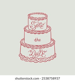 Bolo de casamento com citação de letras salve a data. Ilustração vetorial em estilo de esboço retrô. Clipart vintage de férias para cartões de felicitações e convites