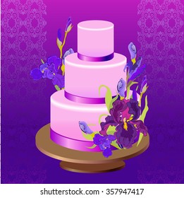 Wedding cake with lilac, violet, purple iris flowers. Beautiful wedding dessert. Iris bouquet hand drawn vector illustration. Violet damask background. Wedding vector illustration.