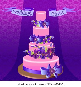 Wedding cake with lilac, violet, purple iris flowers. Beautiful wedding dessert. Iris bouquet and bow hand drawn vector illustration. Violet damask background. Wedding vector illustration.