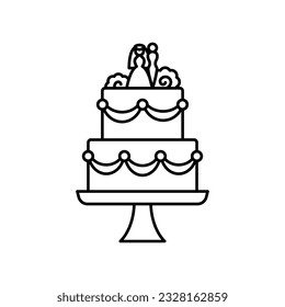 Wedding cake line icon. Festive sponge two tier cake with icing, decorations and sugar newlywed couple. Doodle illustration of a confectionery on cake stand. Linear illustration. Editable strokes