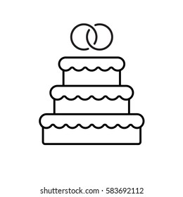 Wedding cake linear icon. Thin line illustration. Engagement cake with interlocked rings above. Contour symbol. Vector isolated outline drawing