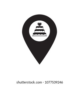 Wedding Cake Location. Black.  Vector Flat Design Icon