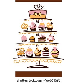 Wedding cake logo. Natural ingredient.  Element of design for poster, menu with freehand drawn vector logo with wedding cake on white background. 