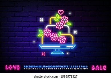 Wedding cake neon sign with flowers. Glowing neon big cake on brick wall background. Vector illustration can be used for wedding, marriage, engagement