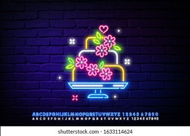 Wedding cake neon sign. Glowing neon big cake on brick wall background. Vector illustration can be used for wedding