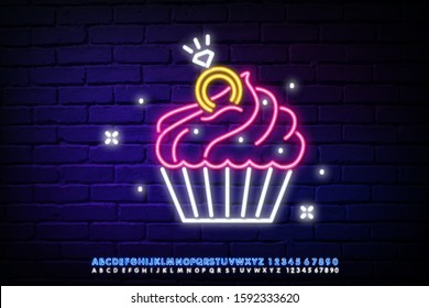 Wedding Cake Neon Sign. Vector Illustration of Food Promotion. neon cake with a ring inside. Concept of Valentine's Day, love, March 8.