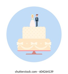 Wedding cake with newlyweds figures. Vector illustration of bride and groom on a cake.