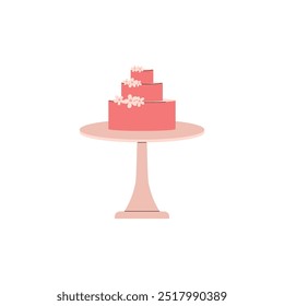 Wedding cake on a stand. Cartoon beautiful marriage pink tiered cake with flowers decoration. Vector flat illustration isolated on white background. Traditional wedding treat bakery dessert