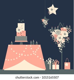Wedding cake on table. Flowers and gifts.  Vector illustration.